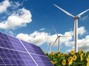 zonnepanelen en windmolens in een veld zonnebloemen hernieuwbare energie
