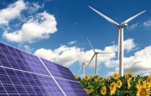 hernieuwbare energie wind en zon windmolen zonnepaneel en veld zonnebloemen