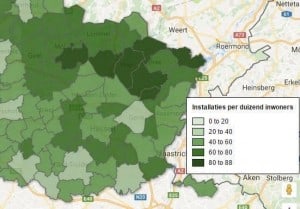 kaart met aantal zonnepaneleninstallaties in limburg